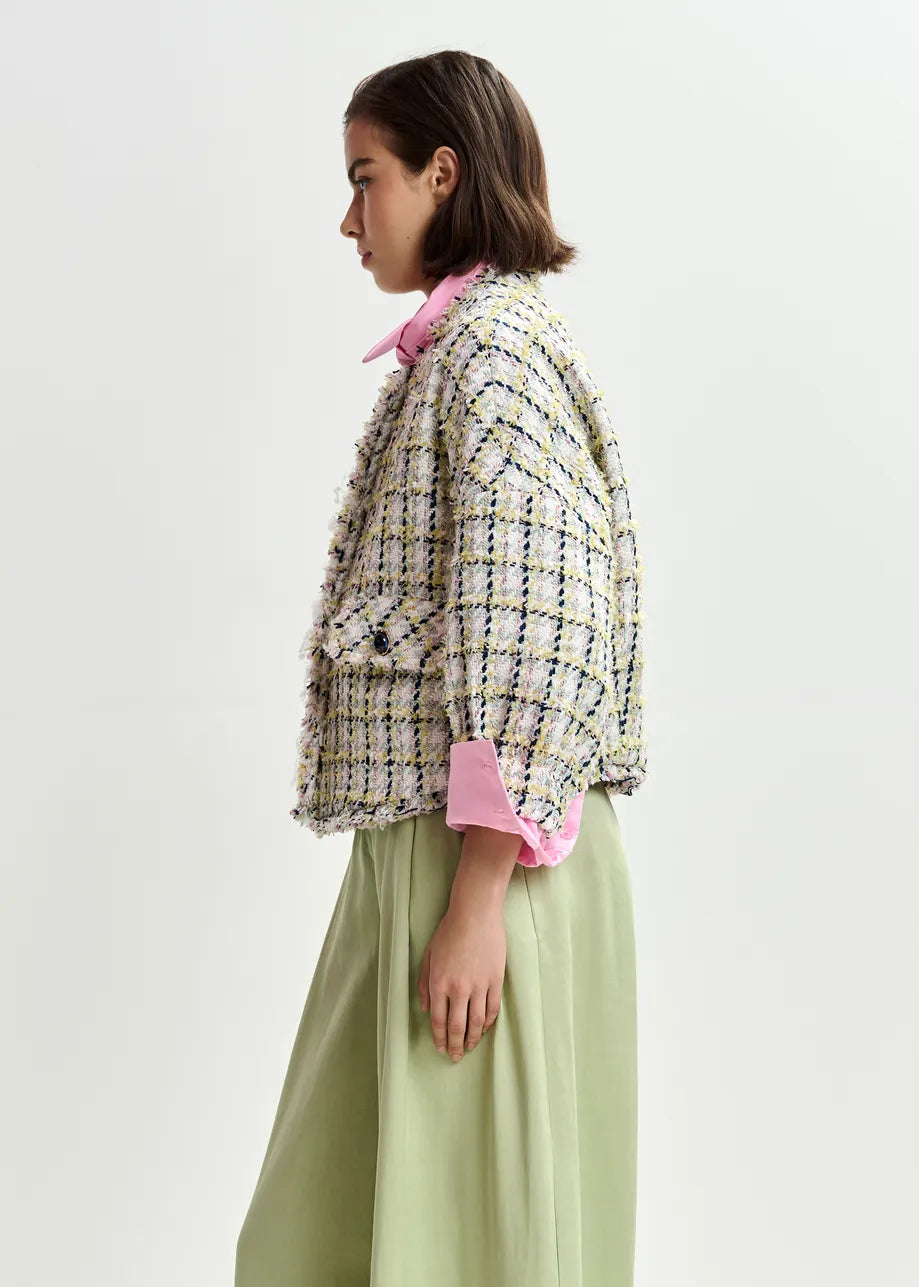 Essentiel Antwerp Black Green & Off-White Oversized Bouclé Jacket with Trim Detailing JAYDEN