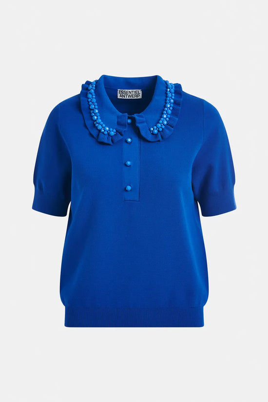 Essentiel Antwerp Blue Ruffle Fine-Knit Polo Top with Bead Embellishments JEWELRY