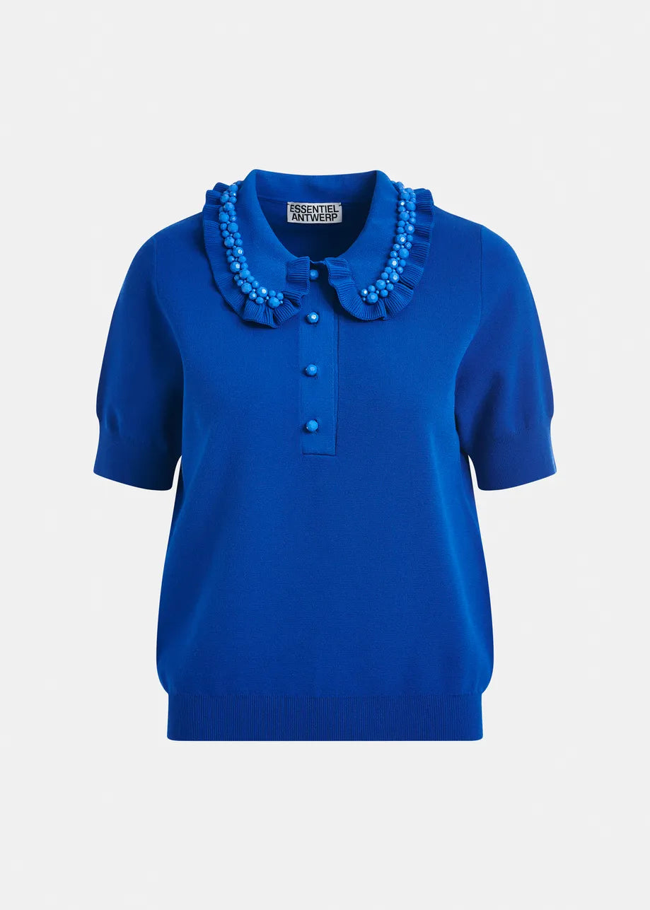 Essentiel Antwerp Blue Ruffle Fine-Knit Polo Top with Bead Embellishments JEWELRY