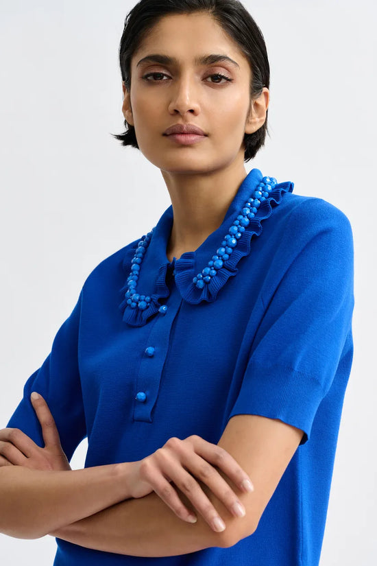 Essentiel Antwerp Blue Ruffle Fine-Knit Polo Top with Bead Embellishments JEWELRY