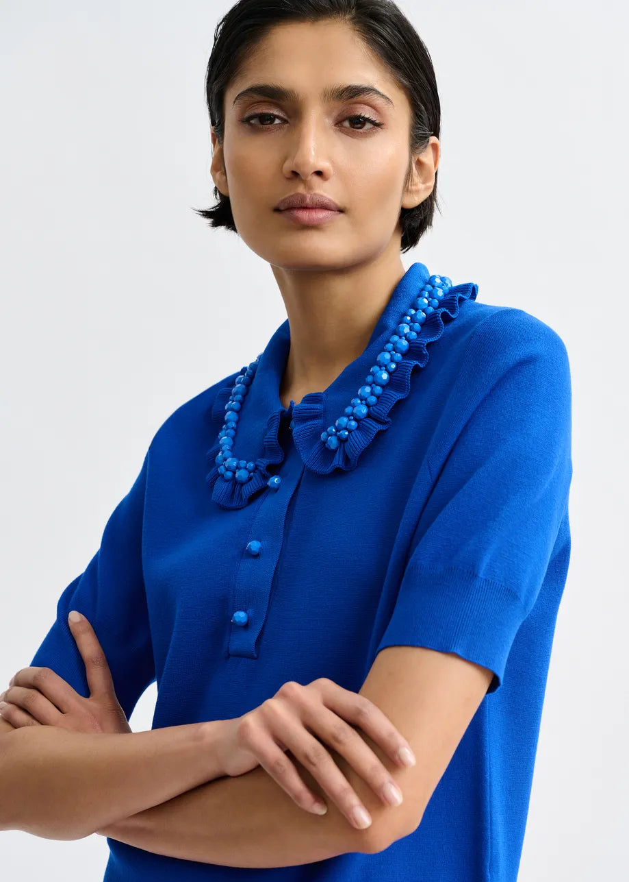 Essentiel Antwerp Blue Ruffle Fine-Knit Polo Top with Bead Embellishments JEWELRY