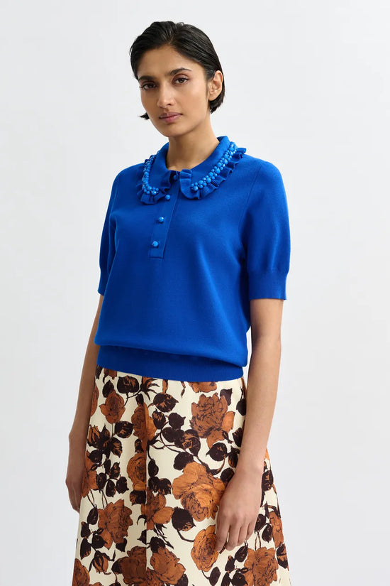 Essentiel Antwerp Blue Ruffle Fine-Knit Polo Top with Bead Embellishments JEWELRY