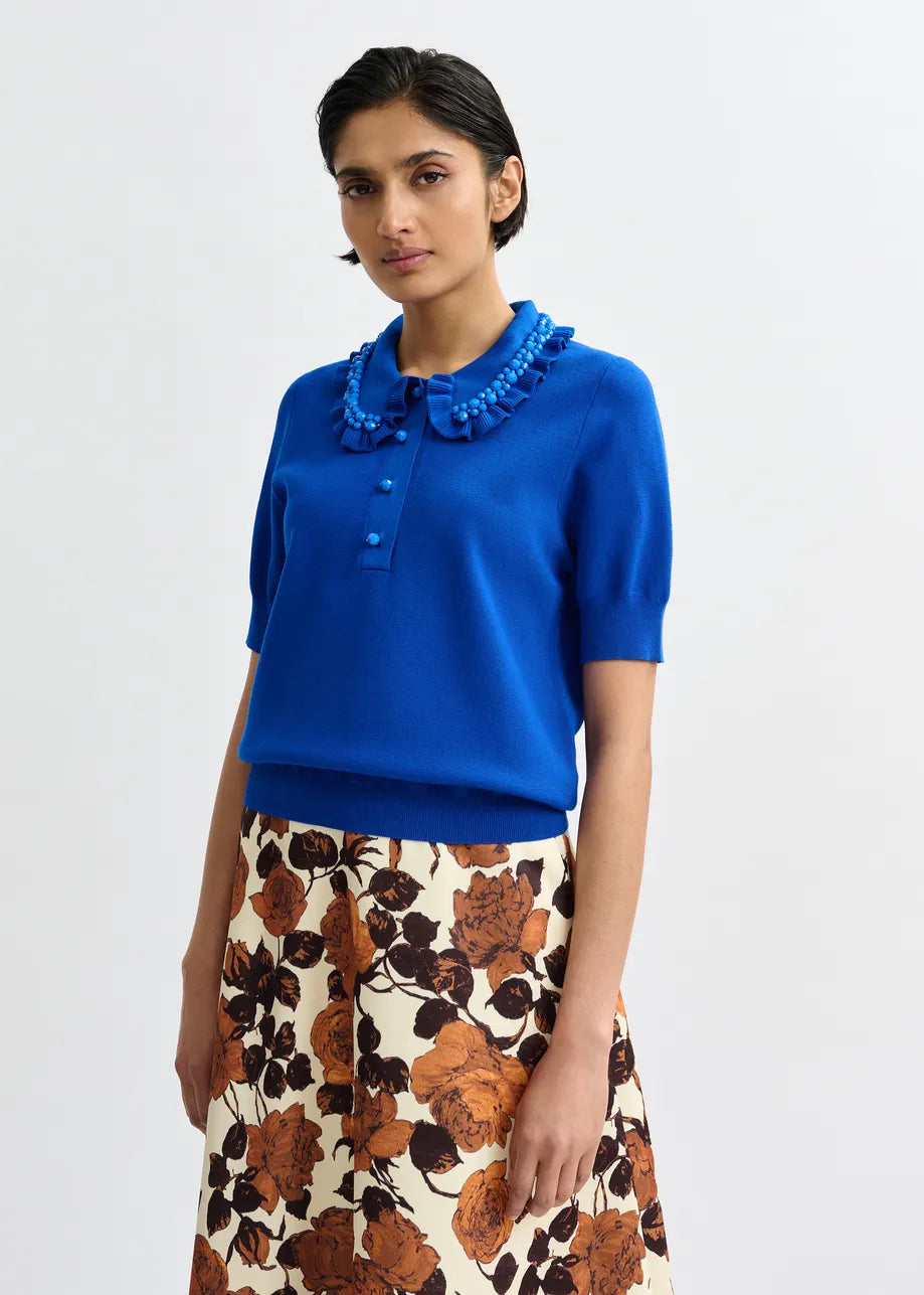 Essentiel Antwerp Blue Ruffle Fine-Knit Polo Top with Bead Embellishments JEWELRY