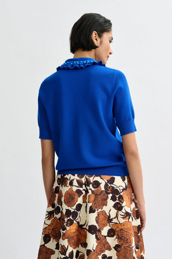 Essentiel Antwerp Blue Ruffle Fine-Knit Polo Top with Bead Embellishments JEWELRY