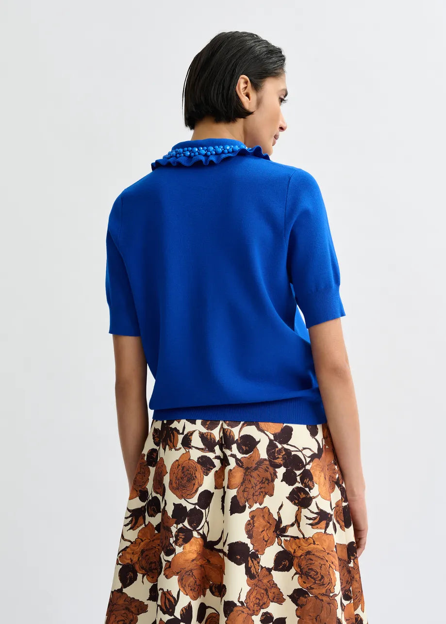 Essentiel Antwerp Blue Ruffle Fine-Knit Polo Top with Bead Embellishments JEWELRY