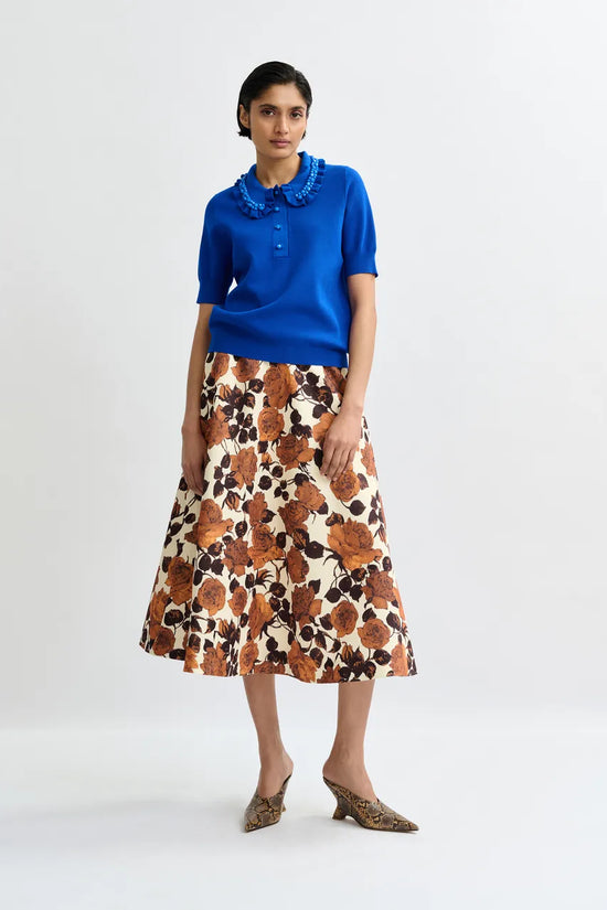 Essentiel Antwerp Blue Ruffle Fine-Knit Polo Top with Bead Embellishments JEWELRY