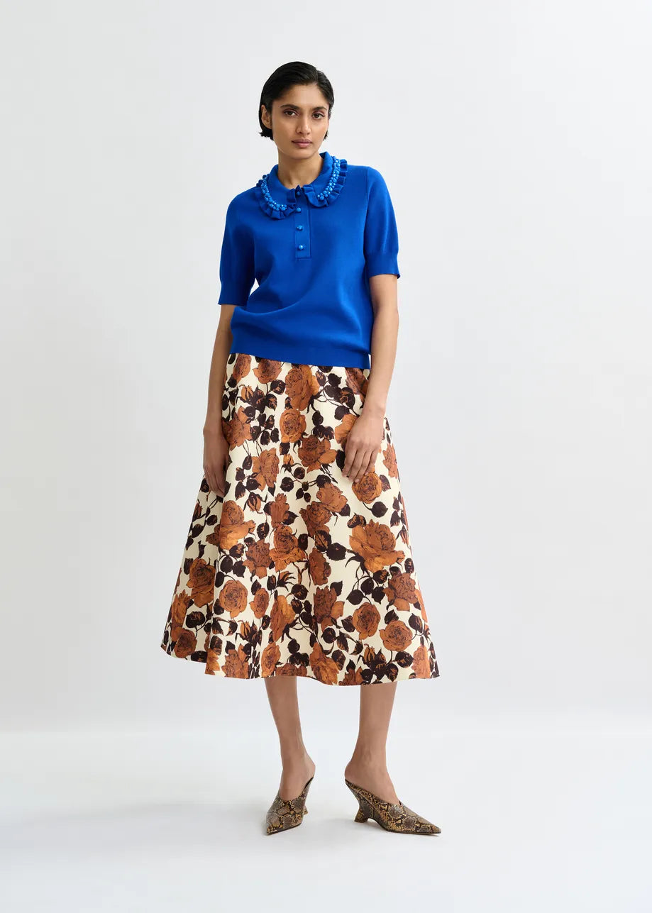 Essentiel Antwerp Blue Ruffle Fine-Knit Polo Top with Bead Embellishments JEWELRY