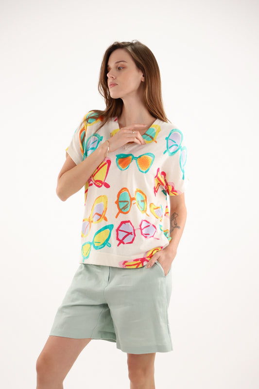 Estheme Sunglasses Print Cotton-Cashmere Sweater – V-Neck Fine Knit, Short Sleeve JF6S008D