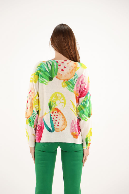Estheme Pineapple Print Linen-Cotton V-Neck Fine Knit, Long Sleeve Lightweight Sweater Jf6S014E