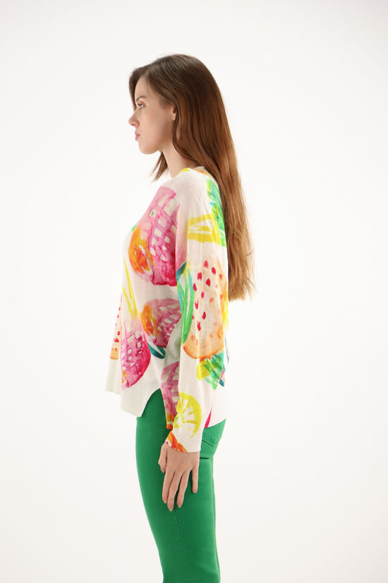 Estheme Pineapple Print Linen-Cotton V-Neck Fine Knit, Long Sleeve Lightweight Sweater