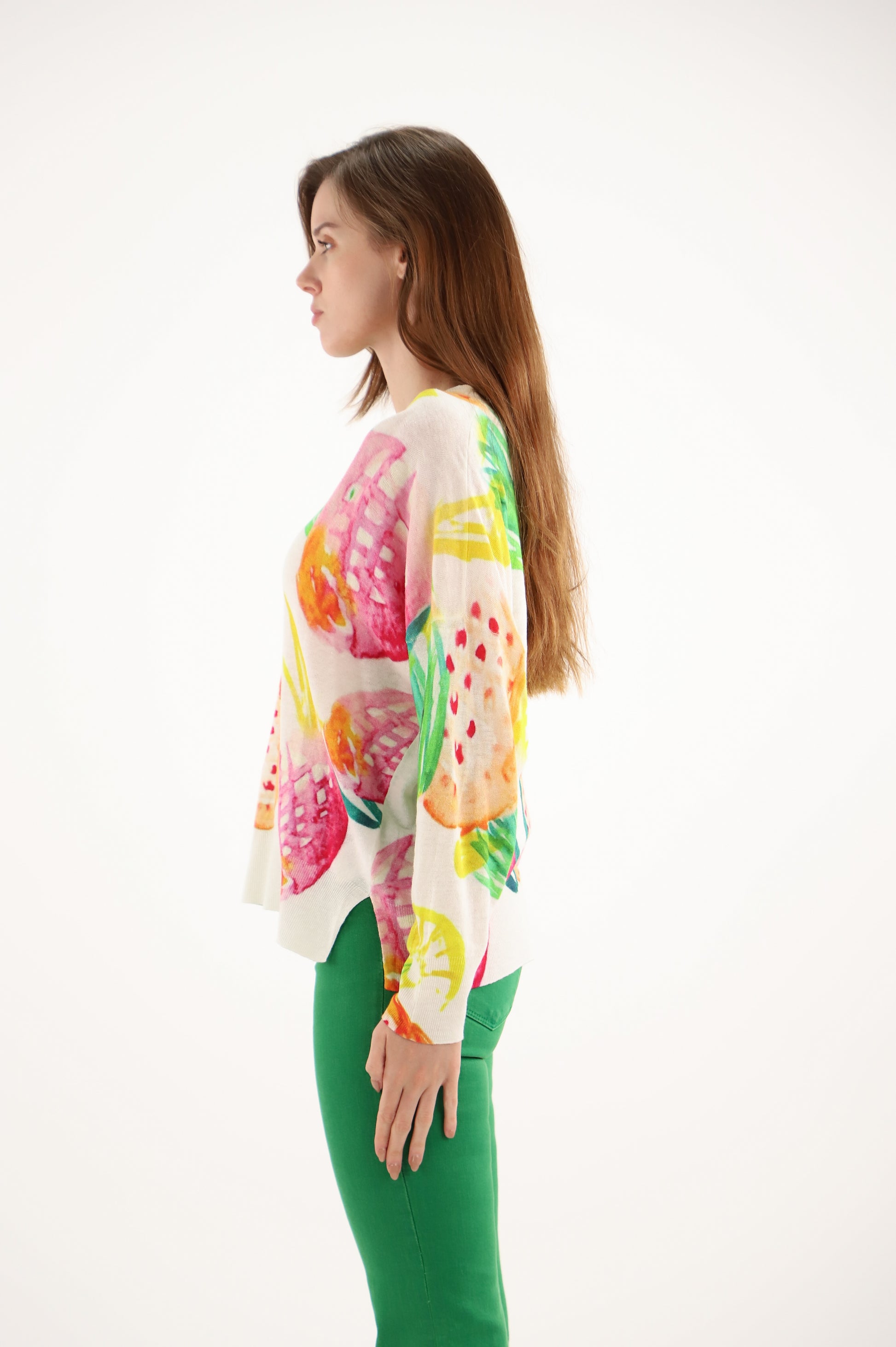Estheme Pineapple Print Linen-Cotton V-Neck Fine Knit, Long Sleeve Lightweight Sweater