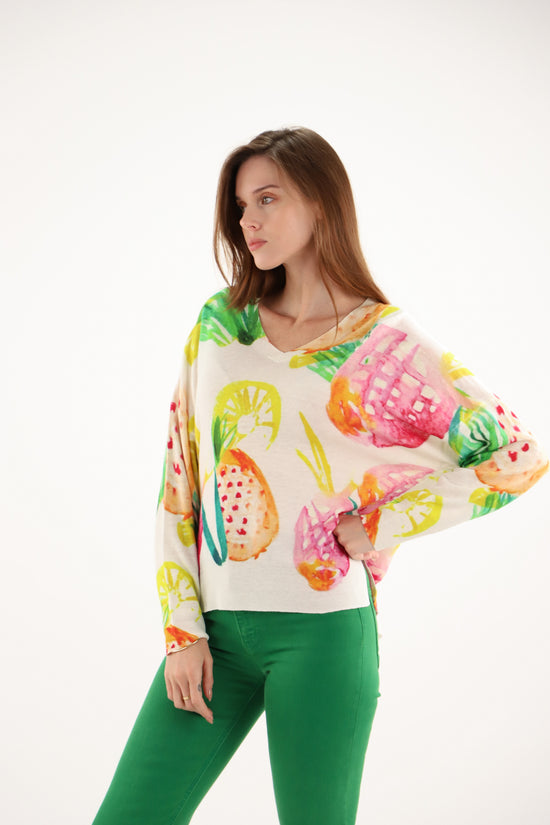 Estheme Pineapple Print Linen-Cotton V-Neck Fine Knit, Long Sleeve Lightweight Sweater