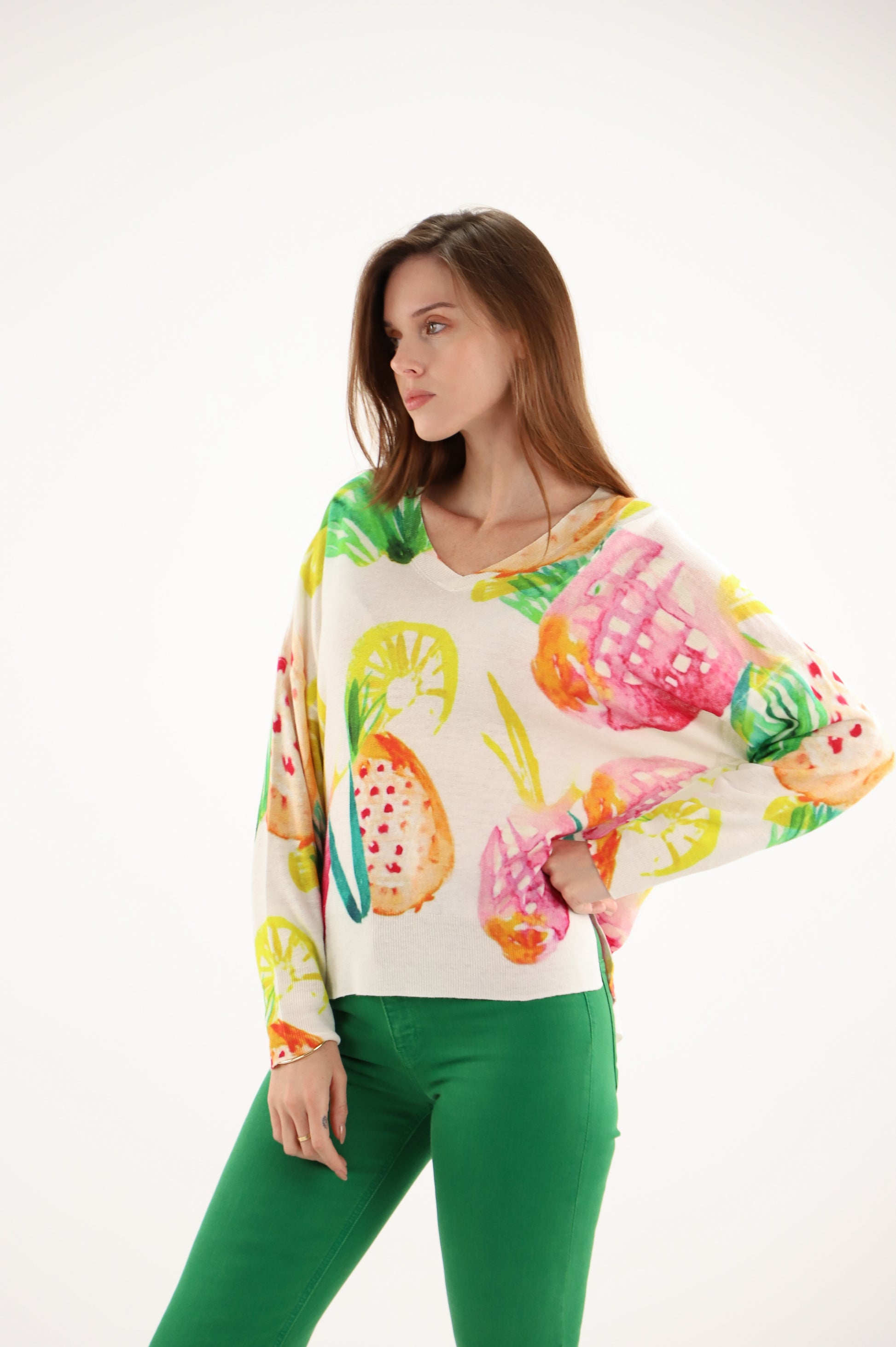 Estheme Pineapple Print Linen-Cotton V-Neck Fine Knit, Long Sleeve Lightweight Sweater