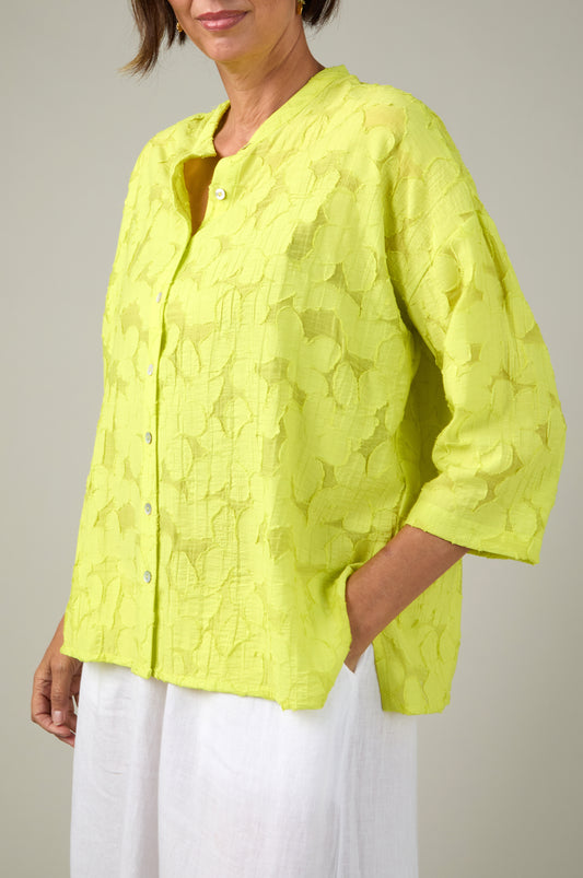 Sahara Lemon Etched Floral Blouse – Loose Fit, 3/4 Sleeve, Mandarin Collar, Button Front JFT5892-FLVB