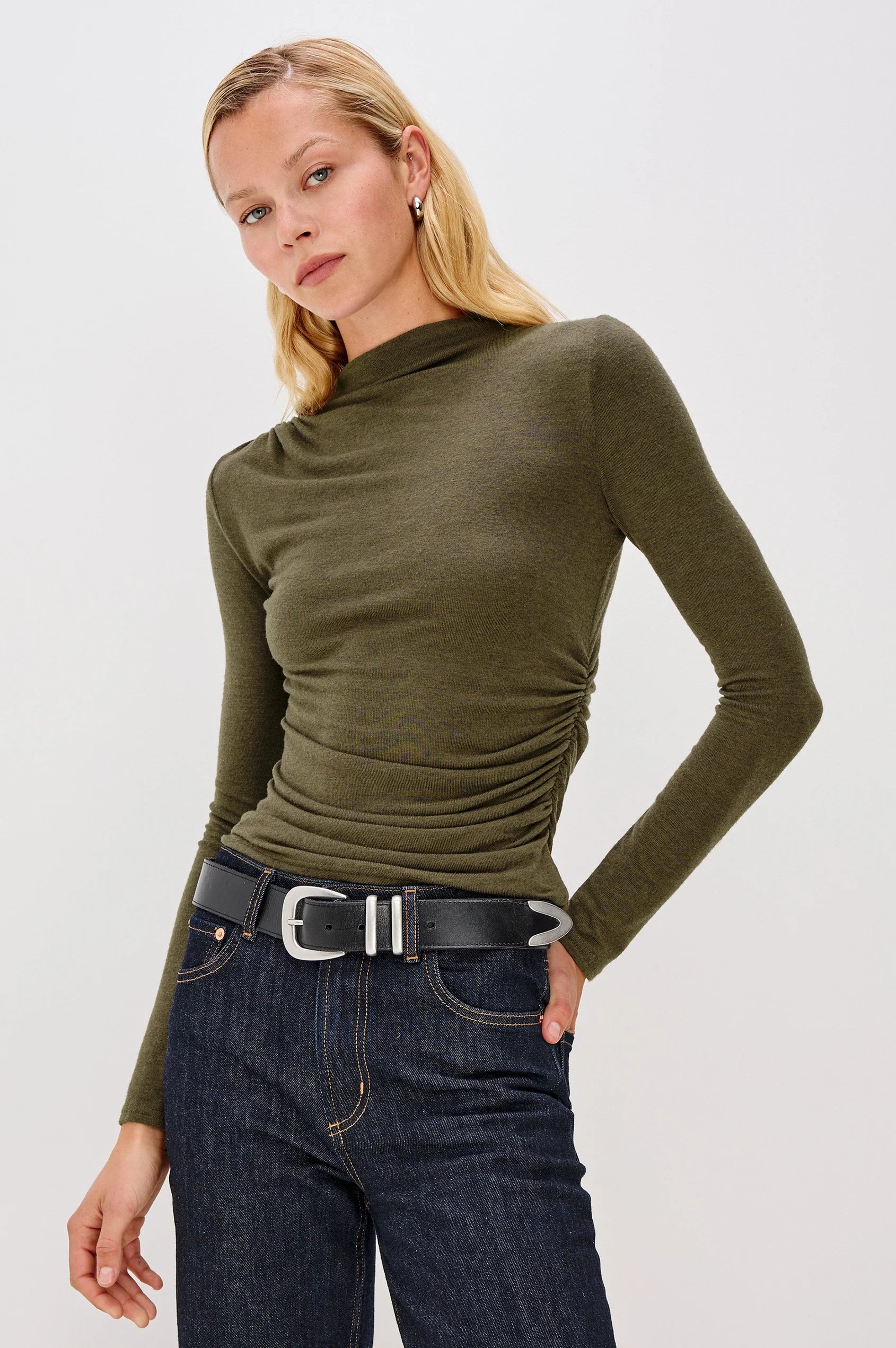 Rails Heather Olive Asymetrical Mock Neck Jersey Top