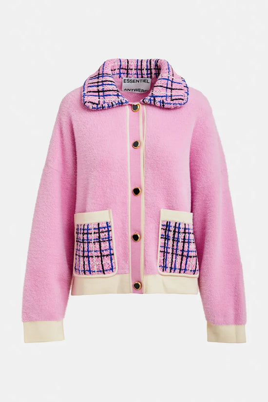 Essentiel Antwerp Pink & Off-White Textured Cardigan with Contrast Blue & Black Tweed Collar and Patch Pockets JOILU