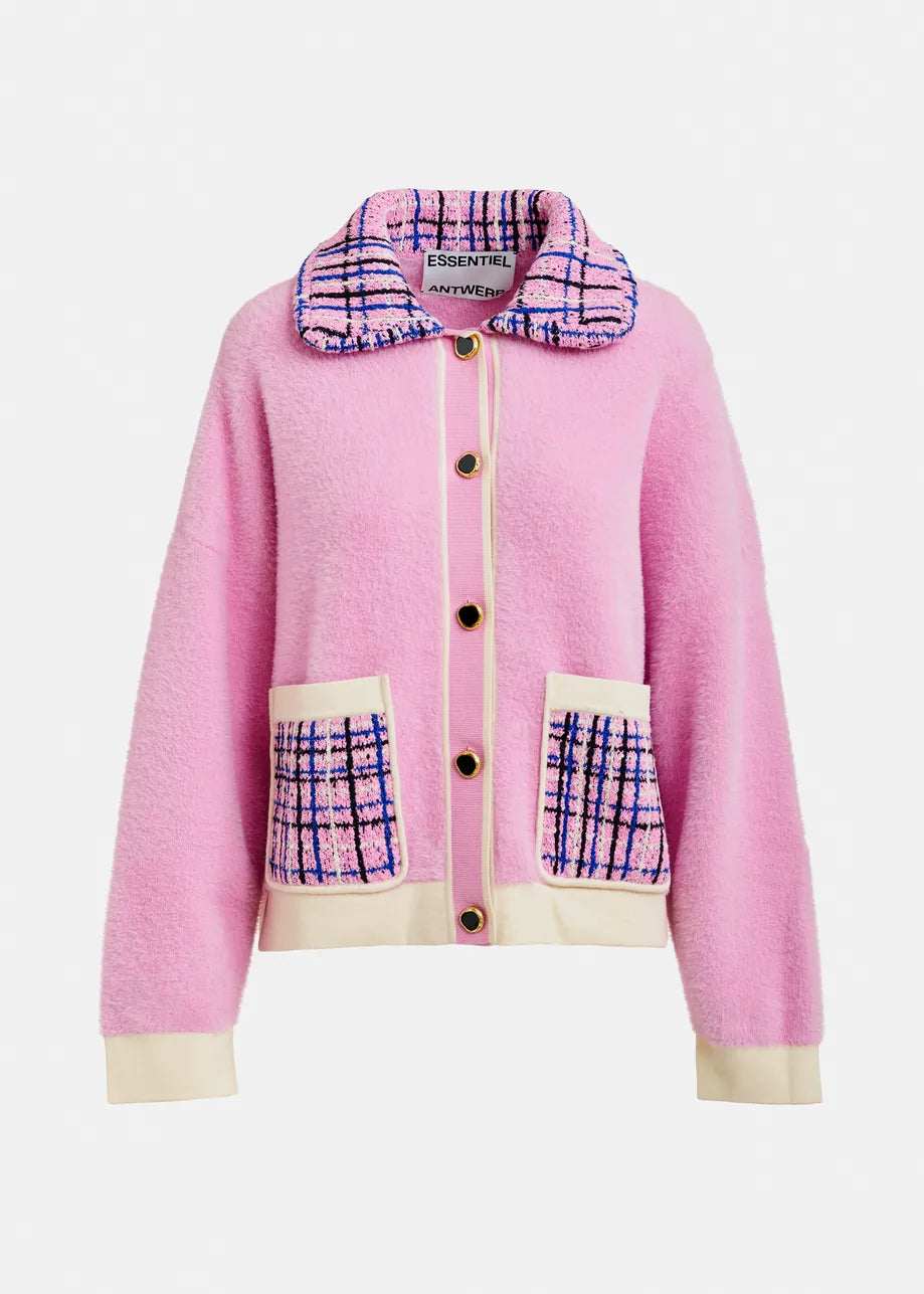 Essentiel Antwerp Pink & Off-White Textured Cardigan with Contrast Blue & Black Tweed Collar and Patch Pockets JOILU