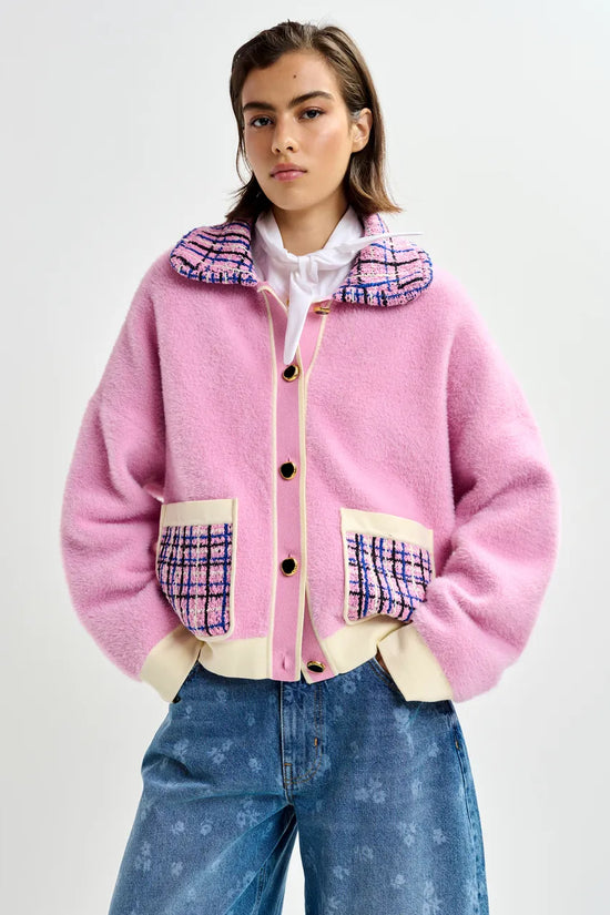 Essentiel Antwerp Pink & Off-White Textured Cardigan with Contrast Blue & Black Tweed Collar and Patch Pockets JOILU