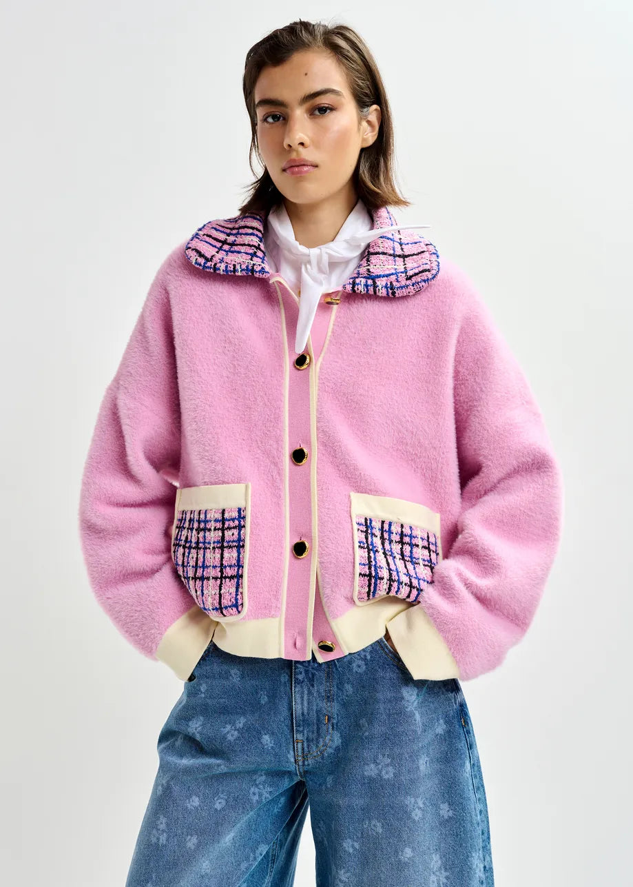 Essentiel Antwerp Pink & Off-White Textured Cardigan with Contrast Blue & Black Tweed Collar and Patch Pockets JOILU