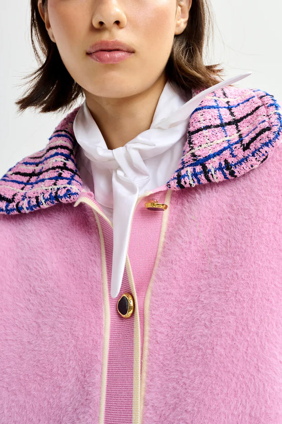 Essentiel Antwerp Pink & Off-White Textured Cardigan with Contrast Blue & Black Tweed Collar and Patch Pockets JOILU