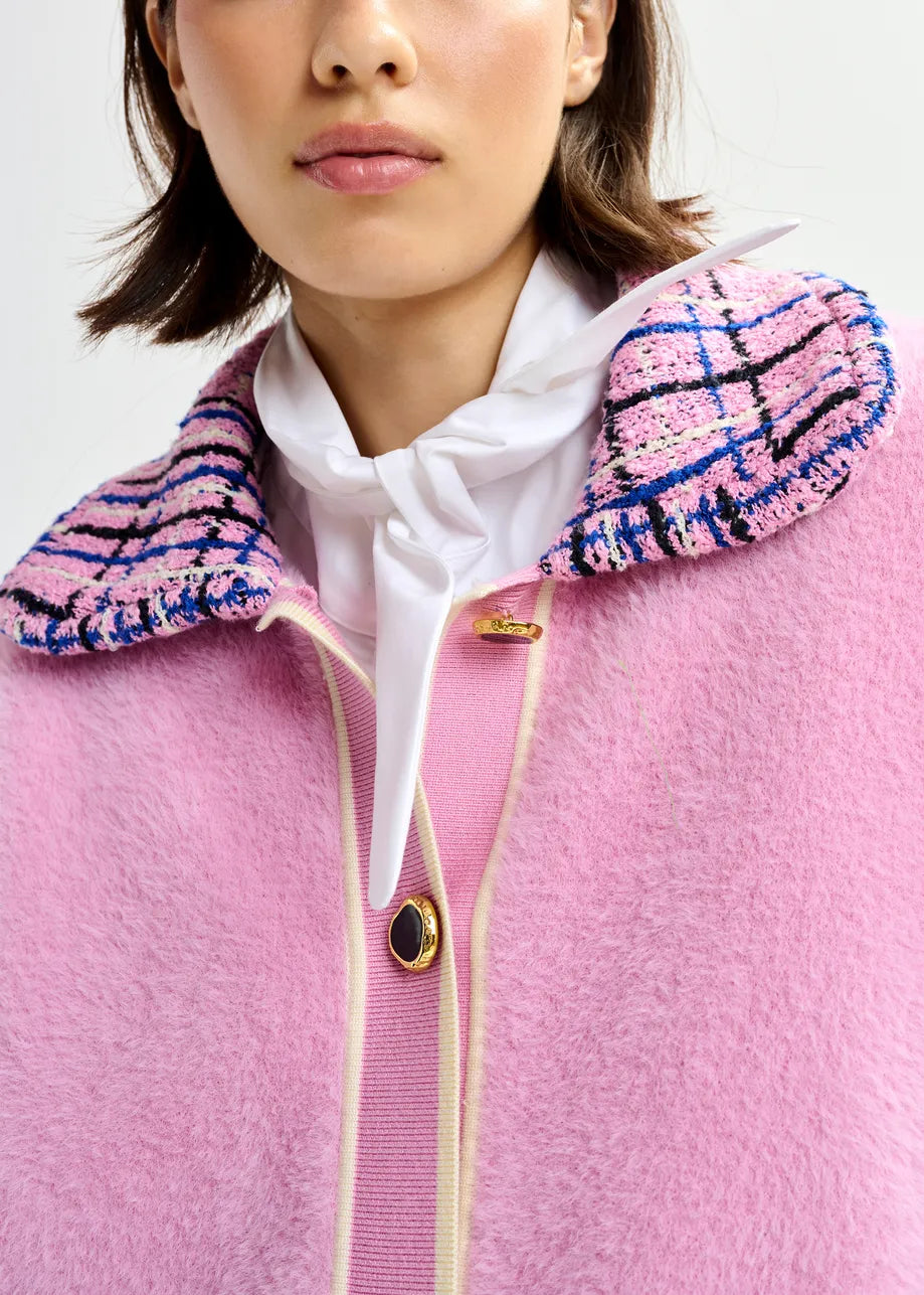 Essentiel Antwerp Pink & Off-White Textured Cardigan with Contrast Blue & Black Tweed Collar and Patch Pockets JOILU