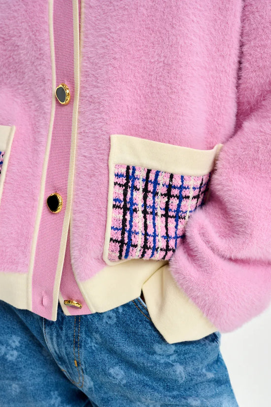 Essentiel Antwerp Pink & Off-White Textured Cardigan with Contrast Blue & Black Tweed Collar and Patch Pockets JOILU