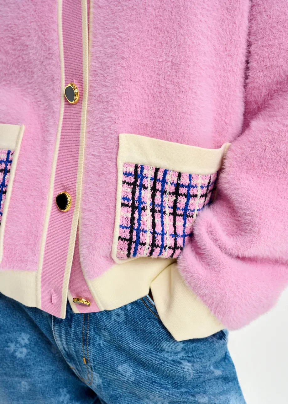 Essentiel Antwerp Pink & Off-White Textured Cardigan with Contrast Blue & Black Tweed Collar and Patch Pockets JOILU