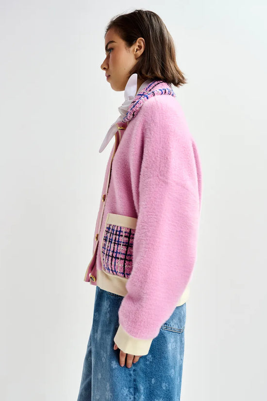 Essentiel Antwerp Pink & Off-White Textured Cardigan with Contrast Blue & Black Tweed Collar and Patch Pockets JOILU