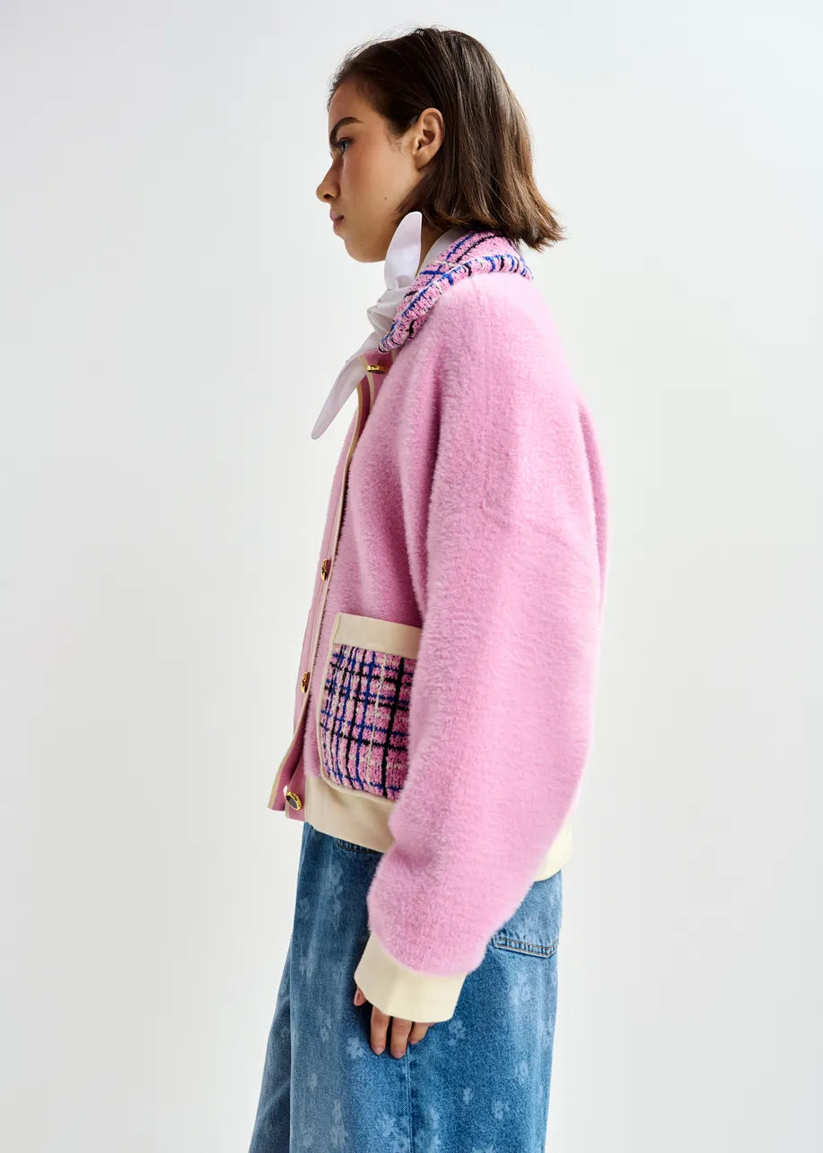 Essentiel Antwerp Pink & Off-White Textured Cardigan with Contrast Blue & Black Tweed Collar and Patch Pockets JOILU