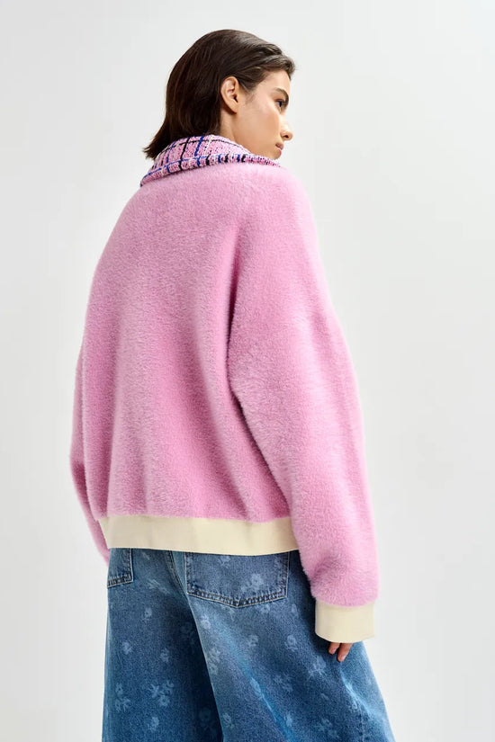 Essentiel Antwerp Pink & Off-White Textured Cardigan with Contrast Blue & Black Tweed Collar and Patch Pockets JOILU