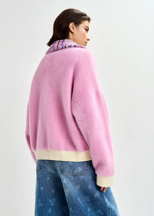Essentiel Antwerp Pink & Off-White Textured Cardigan with Contrast Blue & Black Tweed Collar and Patch Pockets JOILU