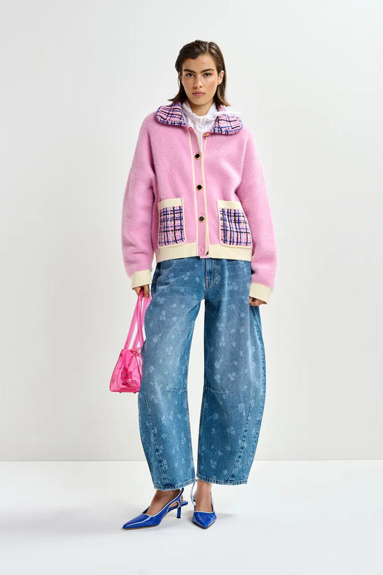 Essentiel Antwerp Pink & Off-White Textured Cardigan with Contrast Blue & Black Tweed Collar and Patch Pockets JOILU