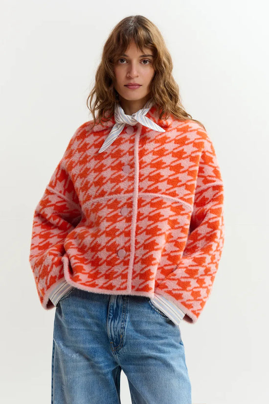 Essentiel Antwerp Orange and Dusty Pink Houndstooth Knit Cardigan JOKING