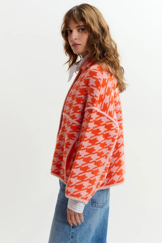 Essentiel Antwerp Orange and Dusty Pink Houndstooth Knit Cardigan JOKING