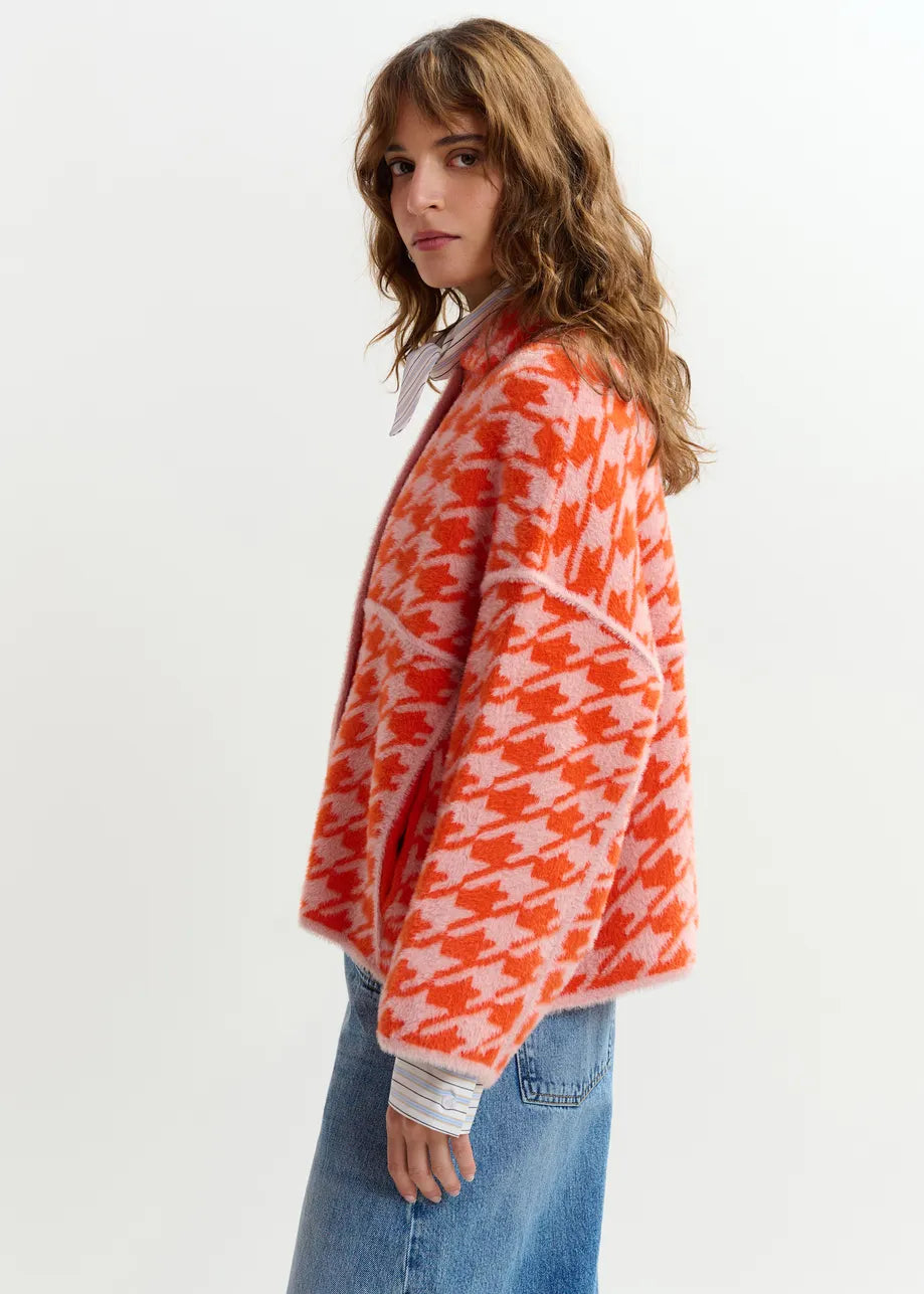 Essentiel Antwerp Orange and Dusty Pink Houndstooth Knit Cardigan JOKING