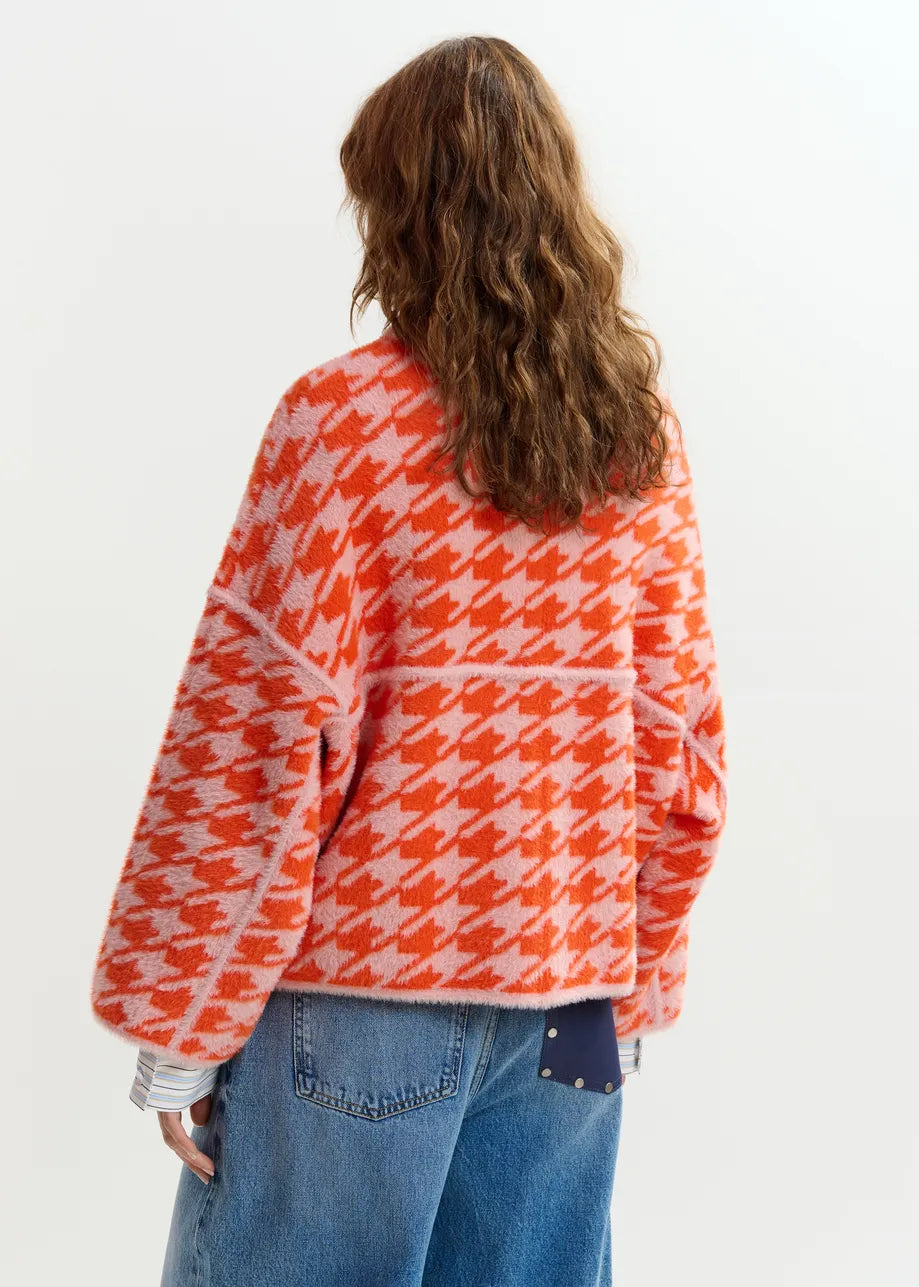 Essentiel Antwerp Orange and Dusty Pink Houndstooth Knit Cardigan JOKING