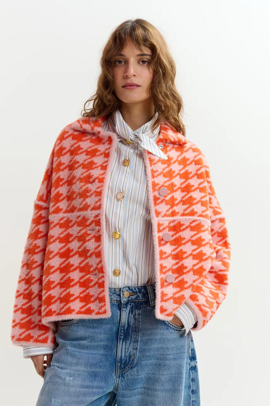 Essentiel Antwerp Orange and Dusty Pink Houndstooth Knit Cardigan JOKING