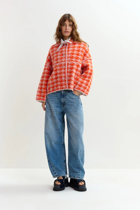 Essentiel Antwerp Orange and Dusty Pink Houndstooth Knit Cardigan JOKING