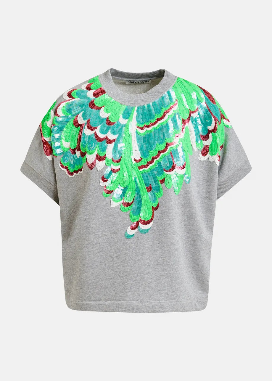 Essentiel Antwerp Grey Cotton Sweatshirt with Multicolour Sequin Embellishments
