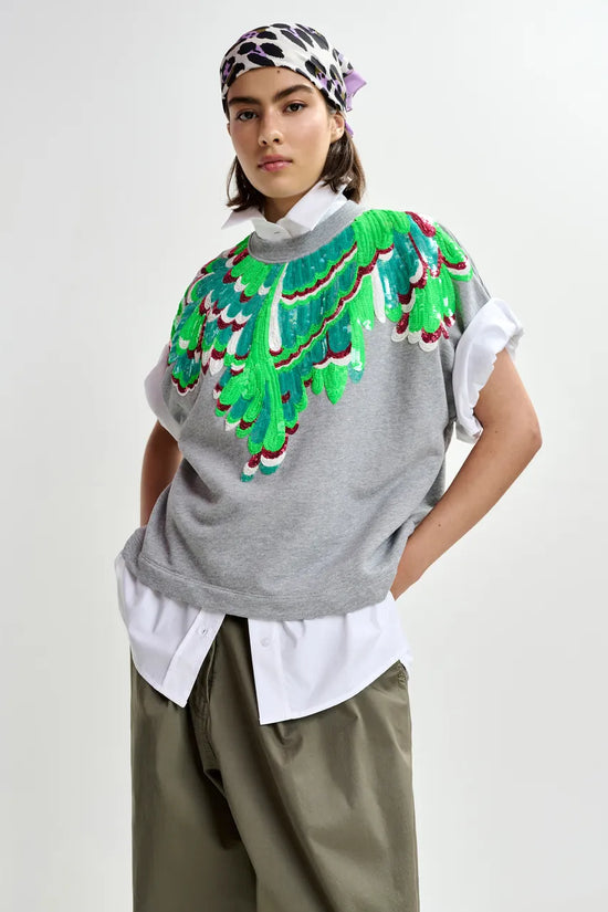 Essentiel Antwerp Grey Cotton Sweatshirt with Multicolour Sequin Embellishments