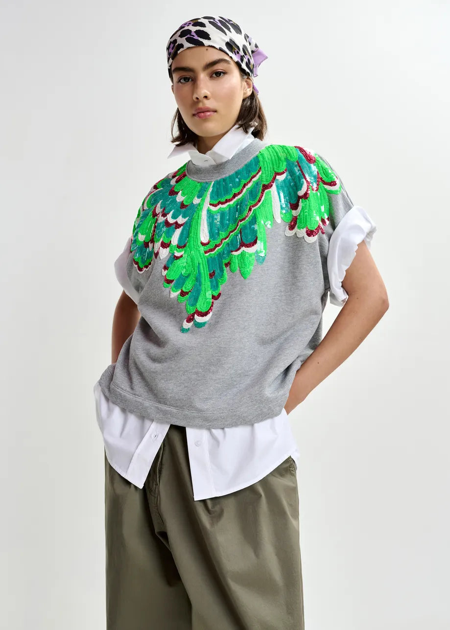 Essentiel Antwerp Grey Cotton Sweatshirt with Multicolour Sequin Embellishments