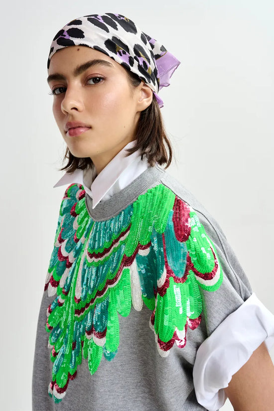 Essentiel Antwerp Grey Cotton Sweatshirt with Multicolour Sequin Embellishments