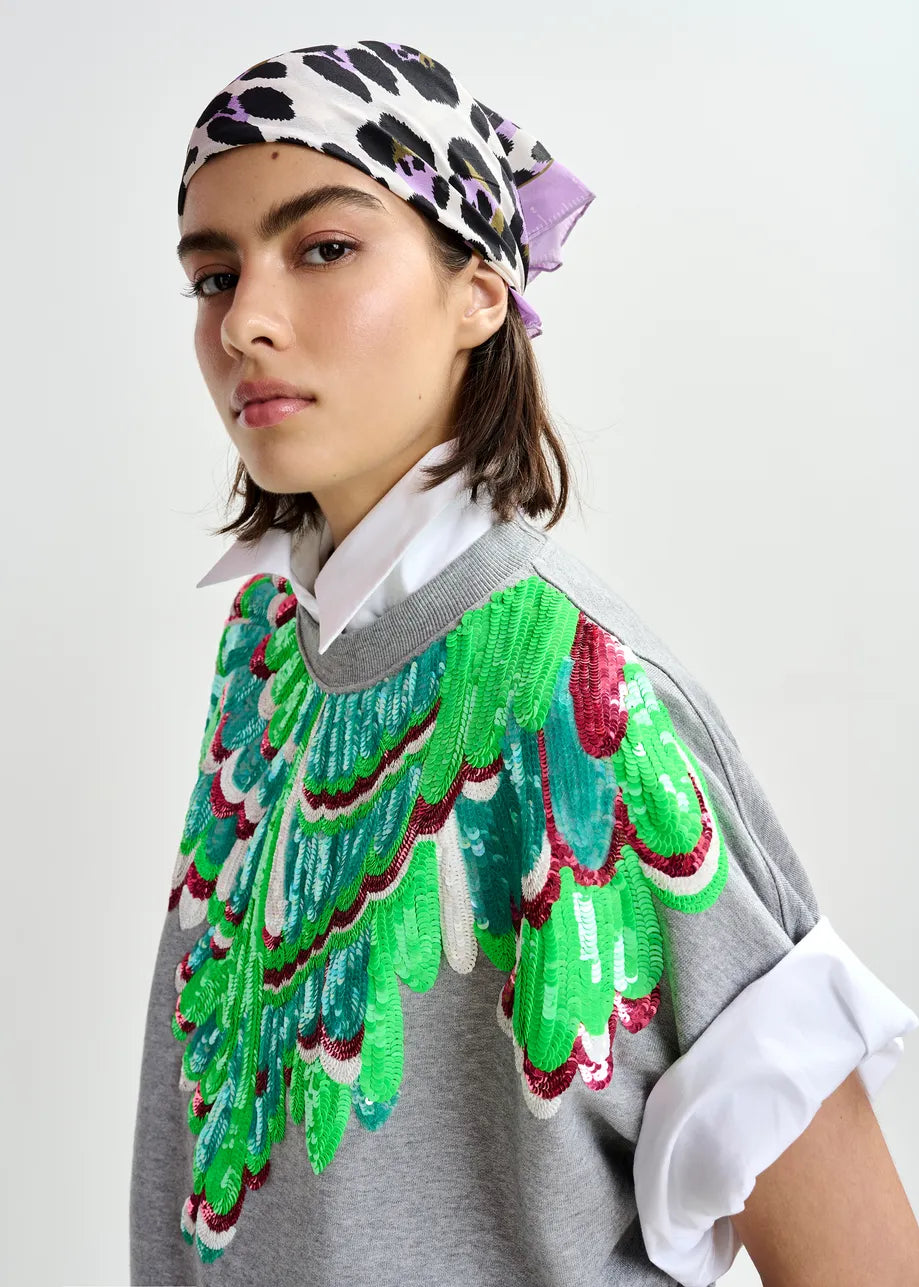 Essentiel Antwerp Grey Cotton Sweatshirt with Multicolour Sequin Embellishments