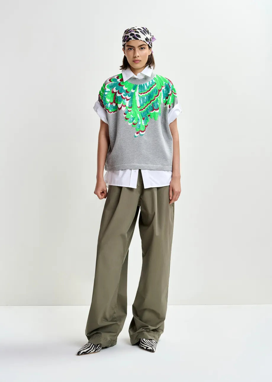 Essentiel Antwerp Grey Cotton Sweatshirt with Multicolour Sequin Embellishments