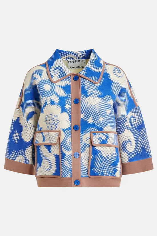 Essentiel Antwerp Blue and Off-White Floral-Print Knit Cardigan JOLY