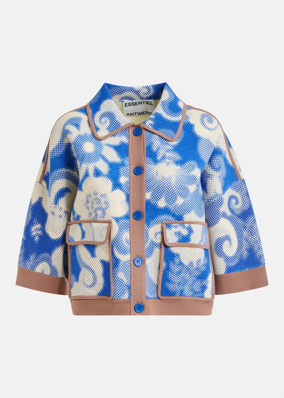 Essentiel Antwerp Blue and Off-White Floral-Print Knit Cardigan JOLY