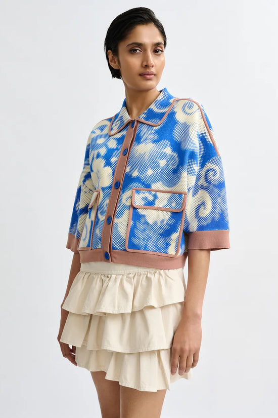Essentiel Antwerp Blue and Off-White Floral-Print Knit Cardigan JOLY