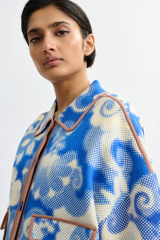 Essentiel Antwerp Blue and Off-White Floral-Print Knit Cardigan JOLY