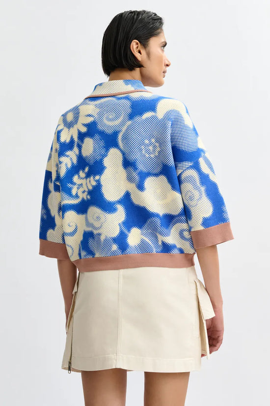 Essentiel Antwerp Blue and Off-White Floral-Print Knit Cardigan JOLY
