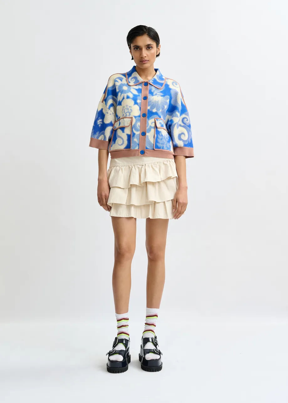 Essentiel Antwerp Blue and Off-White Floral-Print Knit Cardigan JOLY